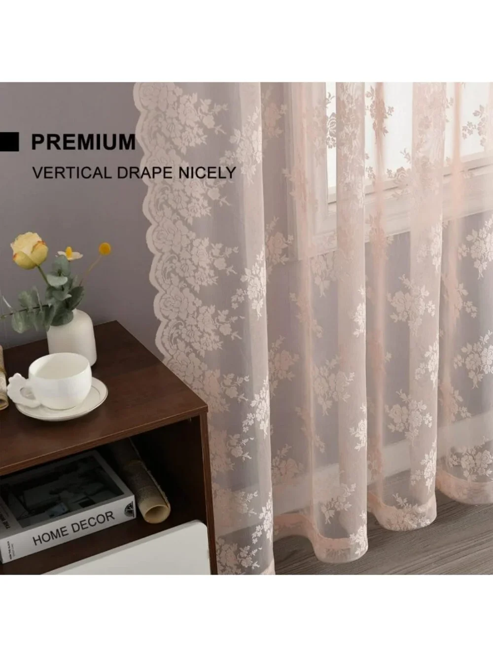 Pink Lace Curtains for Bedroom - Floral Knitted Sheer Drapes, 84